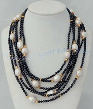 7 Strands 3mm Faceted Black Spinel Round Gems White Freshwater Pearl Necklaces