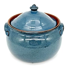 VTG Jugtown Ware Art Pottery Round Blue Bean Pot W/ Lid North Carolina 1984
