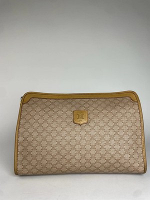 Vintage Celine Paris Triomphe Monogram Leather Clutch Beige Brown