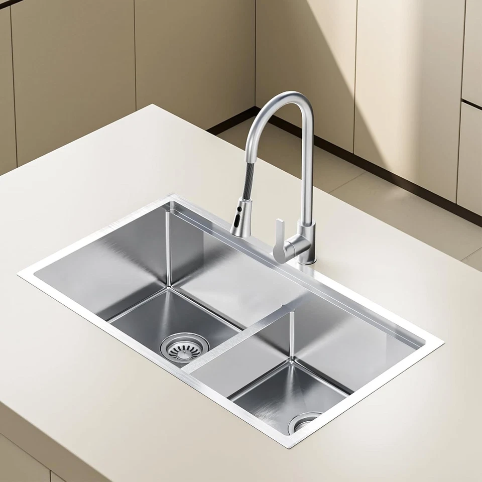 Pia de cozinha 33" 50/50 tigela dupla – 16G 304 SS estação de trabalho, drop-in/undermount - Imagem 2 de 4