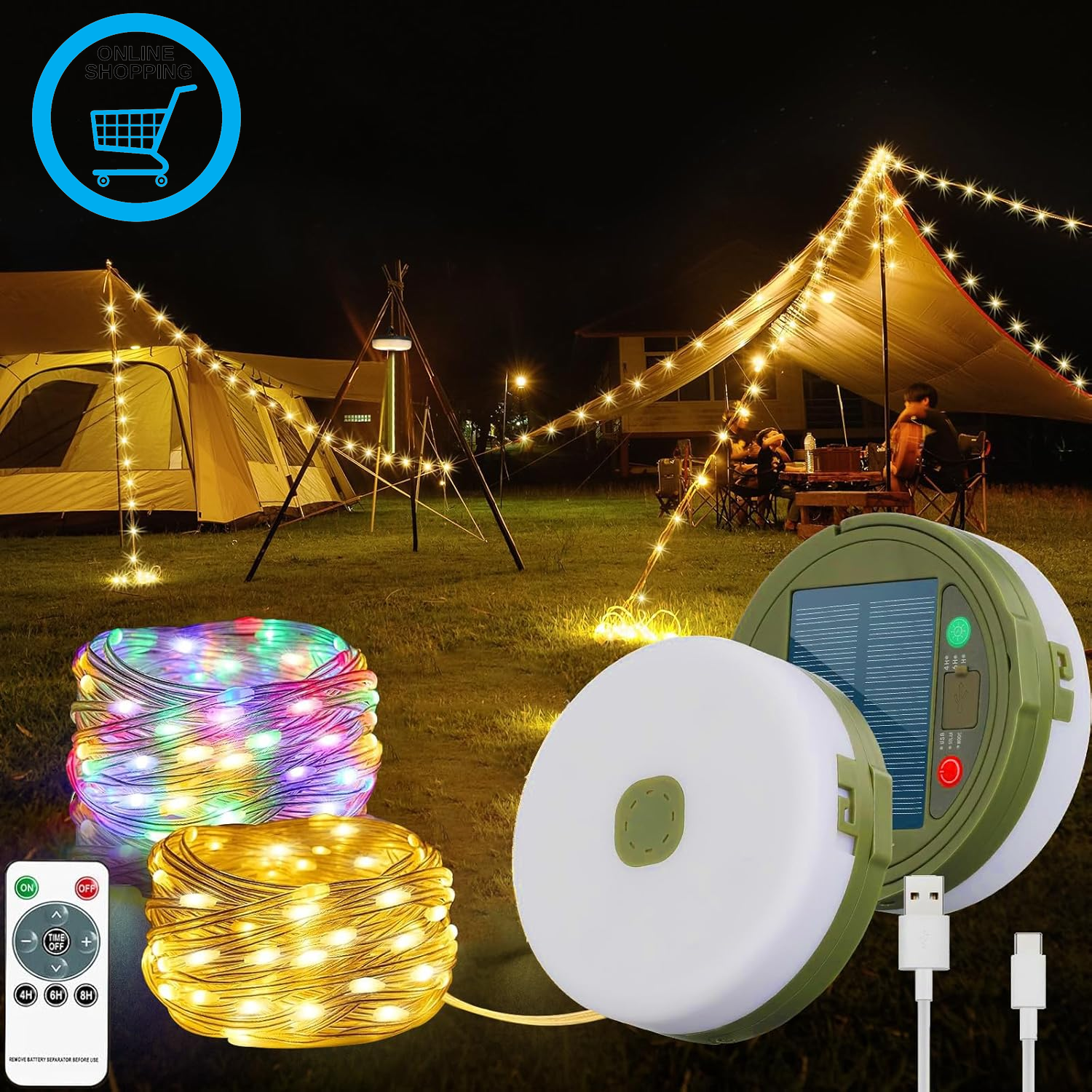 Solar Camping String Lights, 10M 100LED 13 Modes Outdoor Waterproof String Light