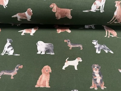 LUSHFABRIC Dark Green Dogs Fabric Home Decor Curtains Dog Breeds Print Material 140cm Wide