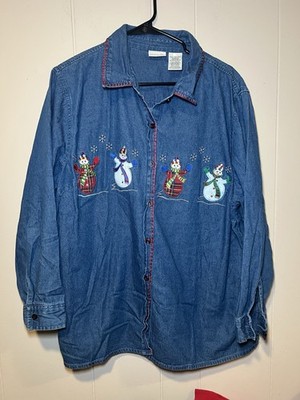 White Stag Plus 18/20 Christmas Button Up Denim Snowman 
