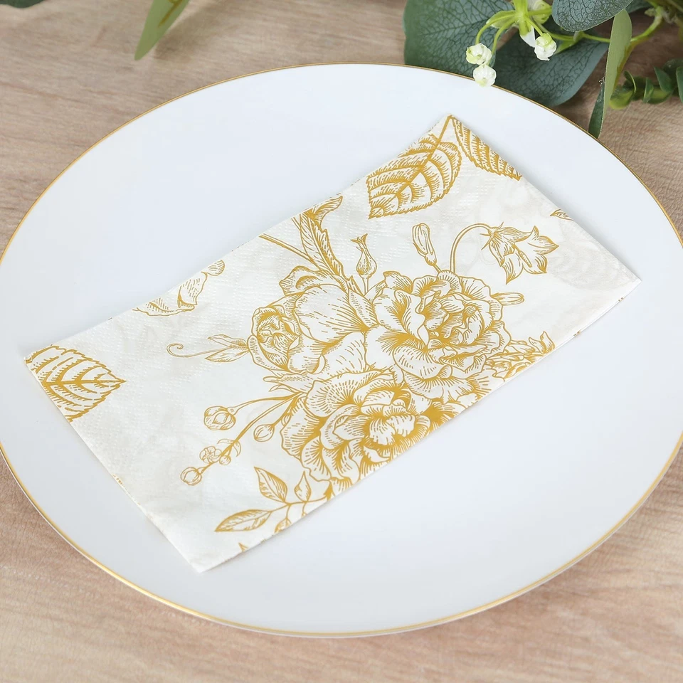 50 White with Gold Paper 2-Ply Dinner Napkins in French Toile Floral Pattern - Image 2 of 4