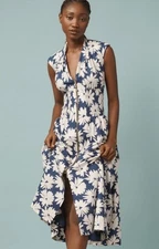  Anthropologie Maeve Tommie Cap-Sleeve Smocked Front-Zip Shirt Dress Small P NWT