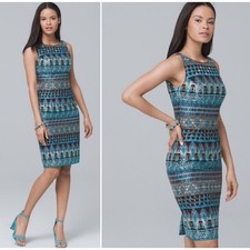 White House Black Market Sheath Dress Blue Black Embroidery Sleeveless Size 8