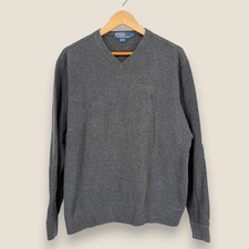 Polo Ralph Lauren V-Neck Sweater Pullover Men Large Gray 100 Cotton Knit VTG