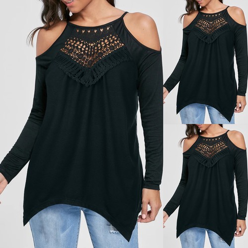 Women Lace Boho Cold Shoulder Tunic Tops T-Shirt Long Sleeve Casual Loose Blouse - Picture 15 of 16