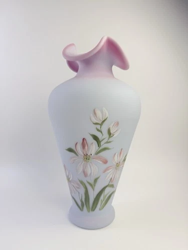 New ListingFenton 13" Blue Burmese Vase Pink Flowers Large Hand Signed D Robinson