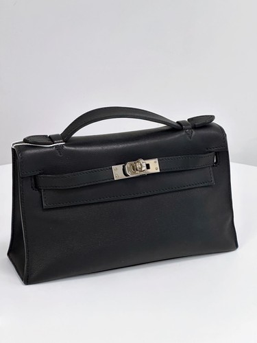 AUTH Hermes Mini Kelly Pochette Noir Black Swift Leather Silver Hardware Bag