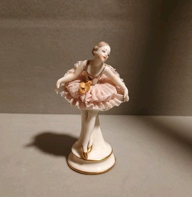 Vintage Dresden Germany Small 3.5'' Ballerina Net Lace Tutu Gold Detail #1862