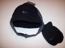 Nike Hat Mitten Set Chin Strap Fleece Black Gray Swoosh Infant 12-24 Mos. New