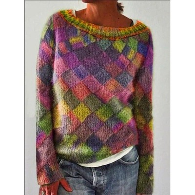 langärmliges Strickpullover-Oberteil mit Rundhalsausschnitt und Rautenmuster NEU