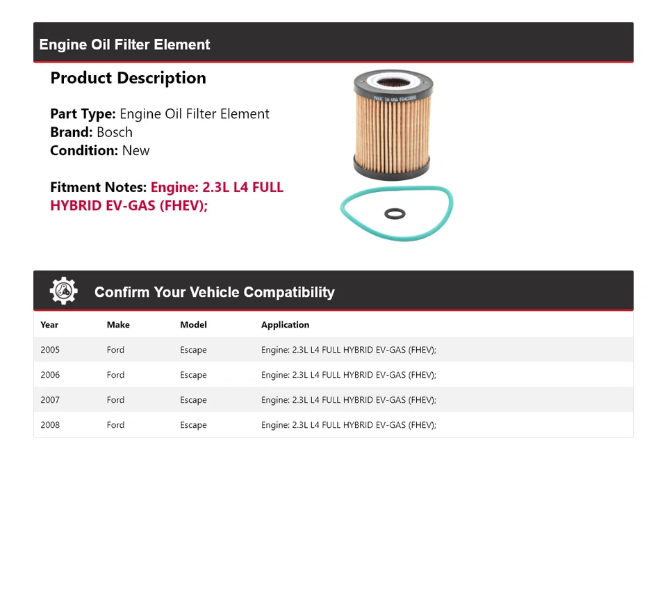 Элемент масляного фильтра двигателя для Ford Escape Bosch 2005-2008 годов выпуска 2006 2007 годов выпуска - Изображение 2 из 3
