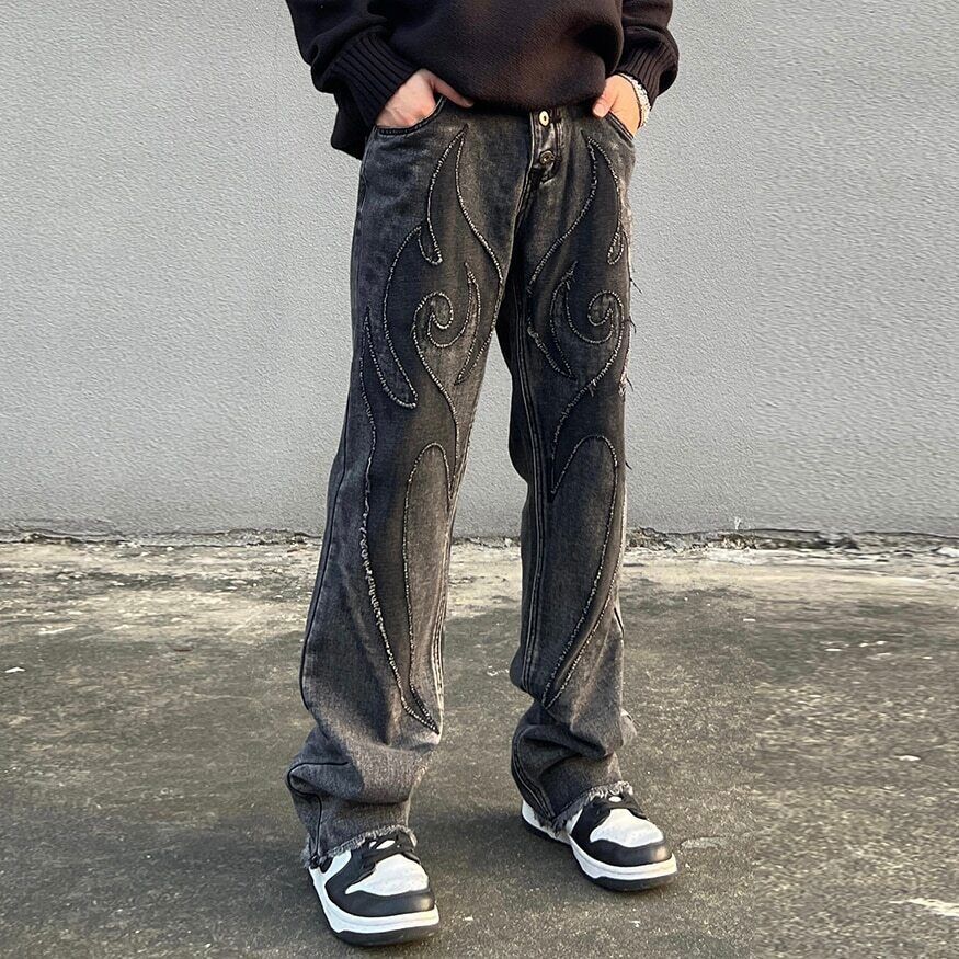 Men Patchwork Embroidery Casual Denim Pants Elastic Waist