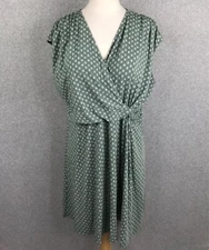 LANDS END Floral Sheath Dress Size 3X Knit Cap Sleeve Ruched Green Cotton Blend
