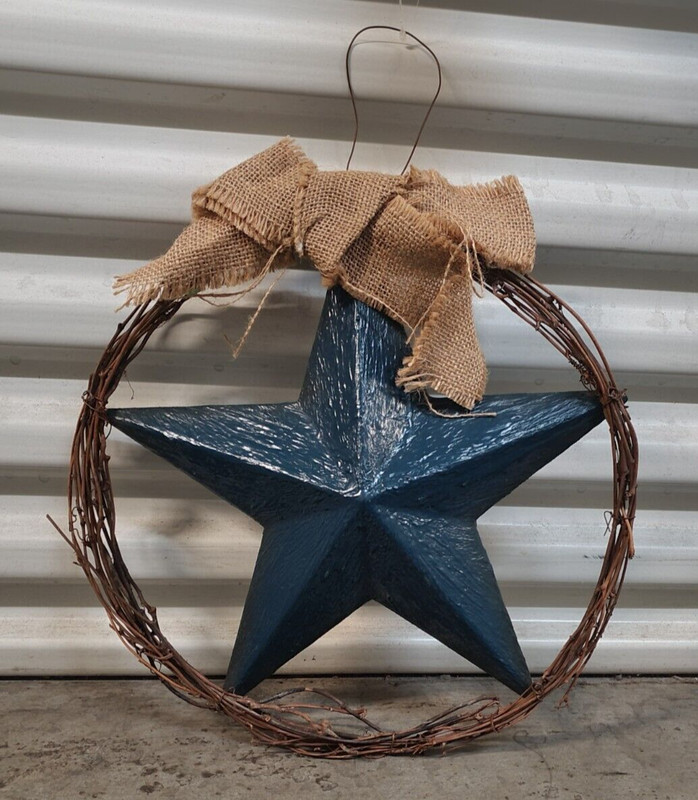 12" PRIMITIVE Americana FARMHOUSE Grapevine WREATH Metal STAR WALL HANGING NWT