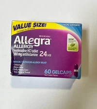 Allegra 24HR Allergy Relief HCI 180mg 60 Gelcaps, NEW FREE SHIP 05/26