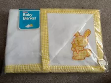 NOS Vintage Time Baby Blanket Gender Neutral Triboro Quilt Yellow Gingham Bunny
