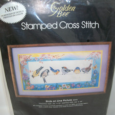 VTG Golden Bee Stamped Cross Stitch Birds on Line Picture Kit 20312 Bluebirds