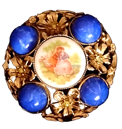VTG Fragonard SIGNED art glass Lapis Germany round courting couple brooch