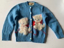 VTG. Kitten Cat CARDIGAN Grandma 60.s CHILD/Granny Core Blue Knit Sweater