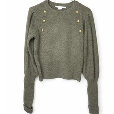 Veronica Beard 100 Cashmere Military Button Ribbed Sweater Olive Green
