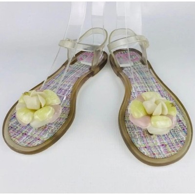 CHANEL Pink Multicolor Camellia Flower Thong Sandals Strap Coco Mark  Size 38 Au