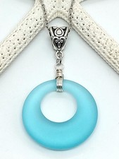 Sea Glass Necklace Jewelry w/ Cultured Aqua Blue Circle Ring Eternity Pendant