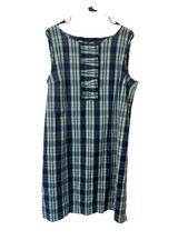 Talbots Size 16 Blue Plaid Midi Shift Dress Academia Preppy Holiday Ruffles