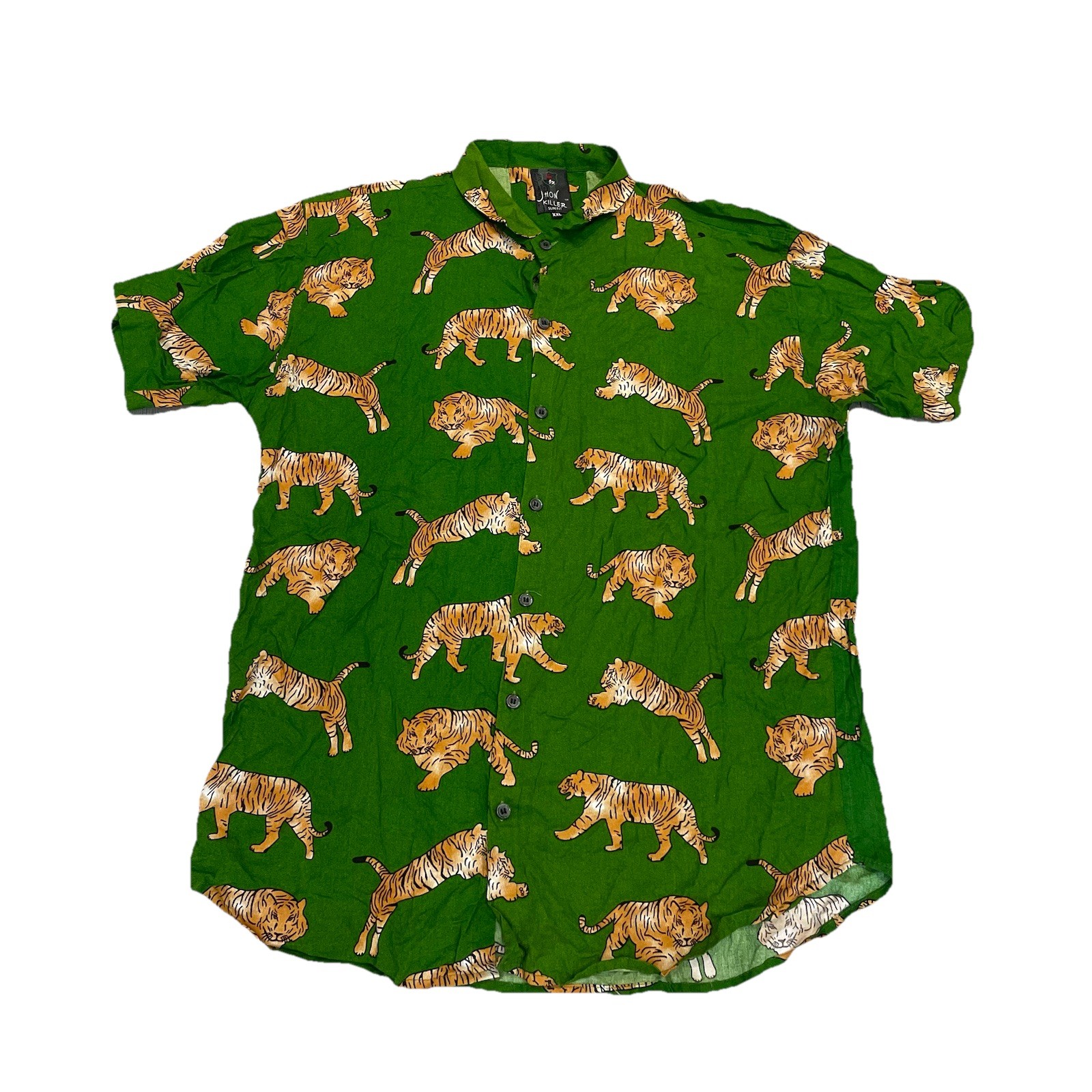 Camisa Hawaiana Tigre Vintage Botones Madera Rayón Jhon Killer Hombre’s 2XL Slim Fit