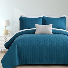 Teal Blue Quilt Set Queen Size Lightweight Bedspread Ultrasonic Wave Pattern