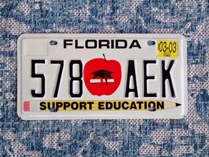 2003 Florida Support Education License Plate 578 AEK  Exc To near Mint Cond 0316