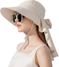 Women's Sun Hat UPF 50 Wide Brim Gardening Hat with Bowknot Neck Flap Ponytail