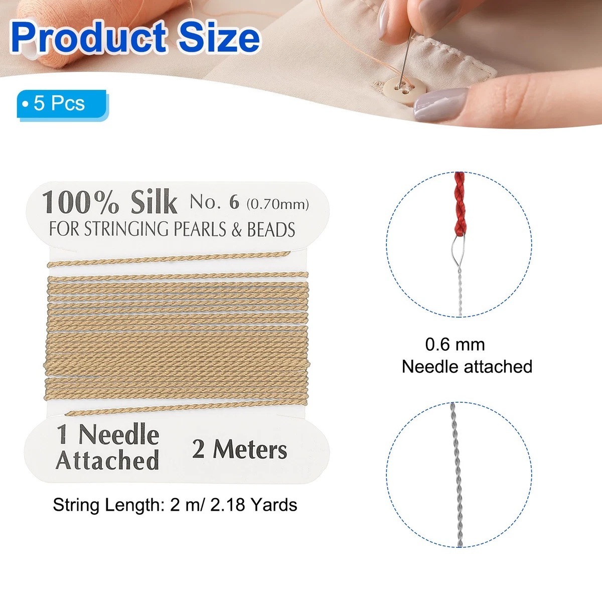 Silk Cord Thread, 5 Pcs Pure Silk Beading Thread Cord Size 0.6 mm, Gold Tone
