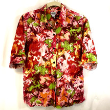 Chicos Size 3 Soft Jacket Button Front 3/4 Sleeve Colorful Floral Linen XL 16