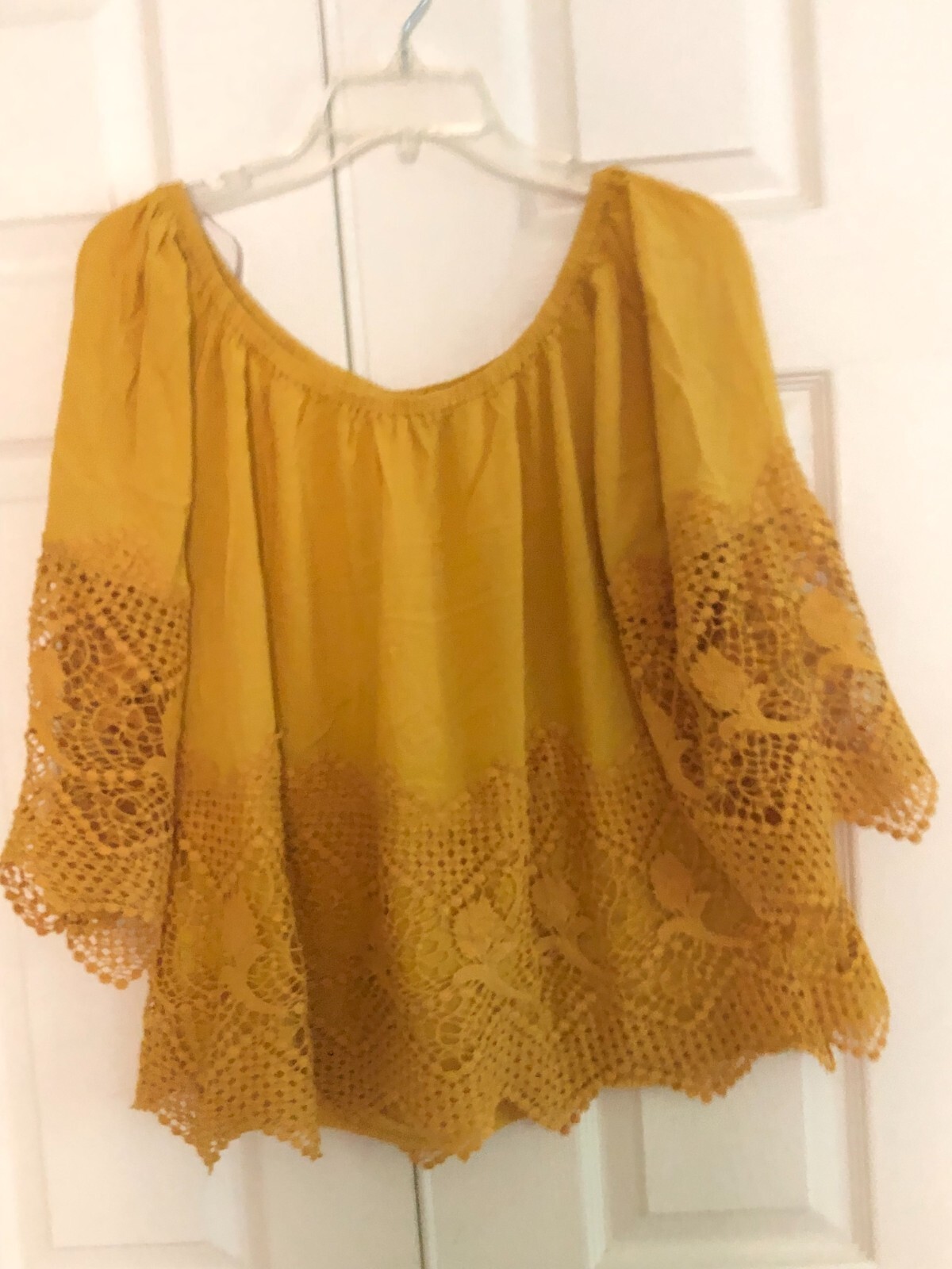 Miss Lili Plus Size 1X Off Shoulder Mustard Yellow Lace Trim Top Blouse Women image 3