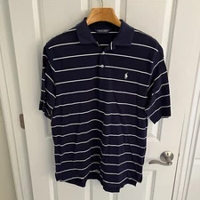 Polo Golf Ralph Lauren Men Large L Shirt Blue White Striped Short Sleeve Peru