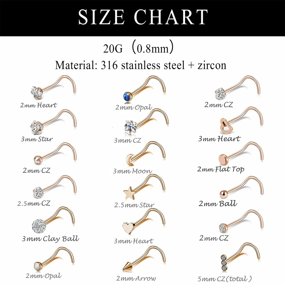 38Pcs из нержавеющей стали L кости винт в форме носа запонки нос кольца CZ обруч Tragus - Изображение 3 из 4