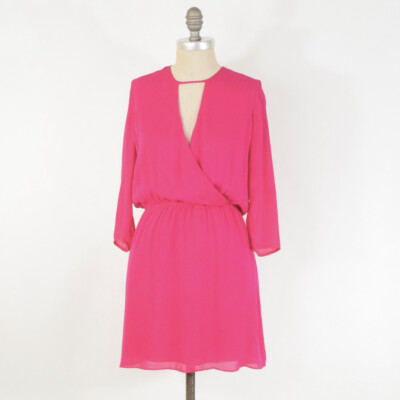 Parker Dress XS Hot Neon Pink Draped Silk Keyhole Neck Blouson Mini Wrap |  eBay