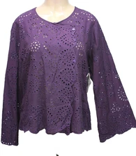 Hibis Lace Works Eyelet Blouse Top Long Sleeve Embroidered Purple Size XL