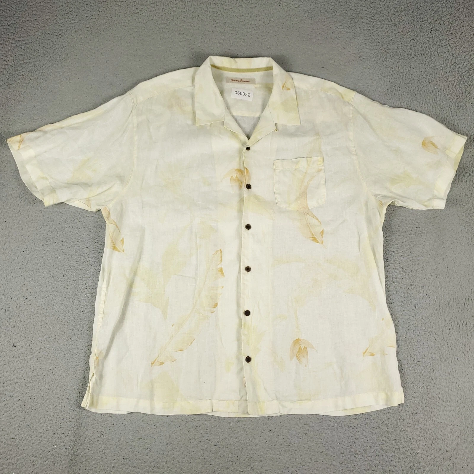 Tommy Bahama Shirt Mens 2XL Ivory Yellow Linen Hawaiian Button Up Short Sleeve*