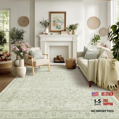  Sage Green Rug for Bedroom,Boho Floral Print Washable Cottage Core 8x10 Area 