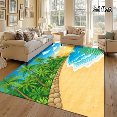 [2D Flat] 1pc Modern Minimalist Area Rug,Blue Yellow Coconut Beach Pattern,Anti