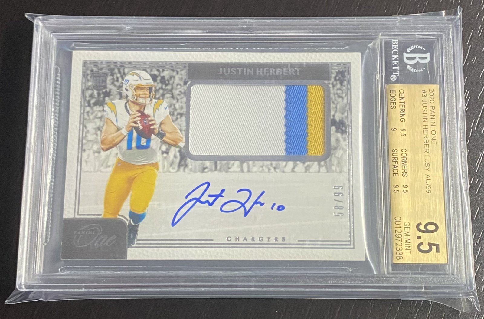 2020 Panini One #3 Justin Herbert RPA Rookie PATCH AUTO RC /99 BGS 9.5 GEM