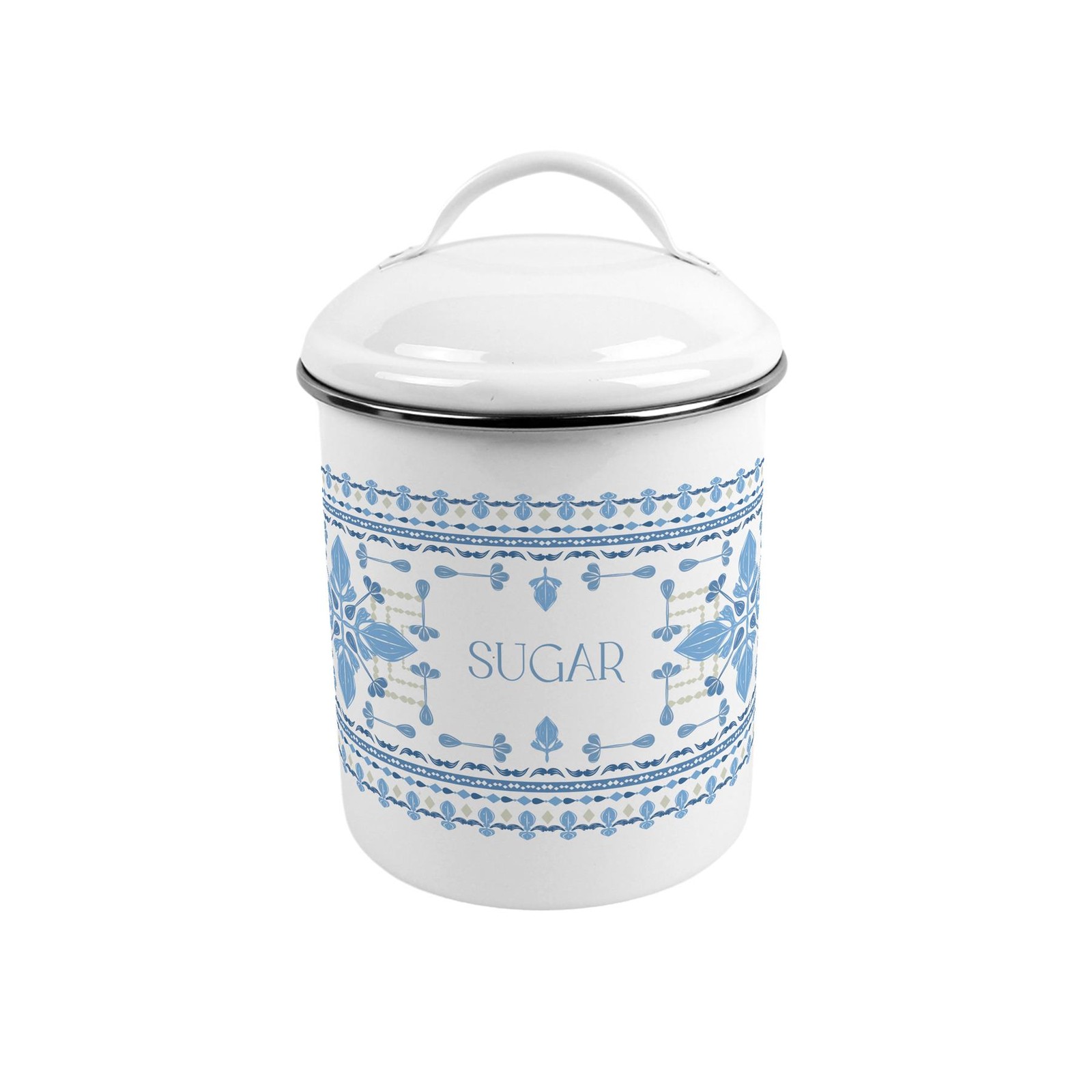 Blue Folk Tile Sugar Canister - Medium Metal Kitchen Storage with Handle