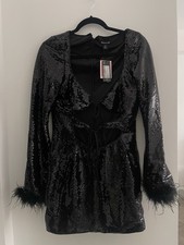 PrettyLittleThing Black Sequin Feather Cut-Out Mini Dress US 10 Bell Sleeve