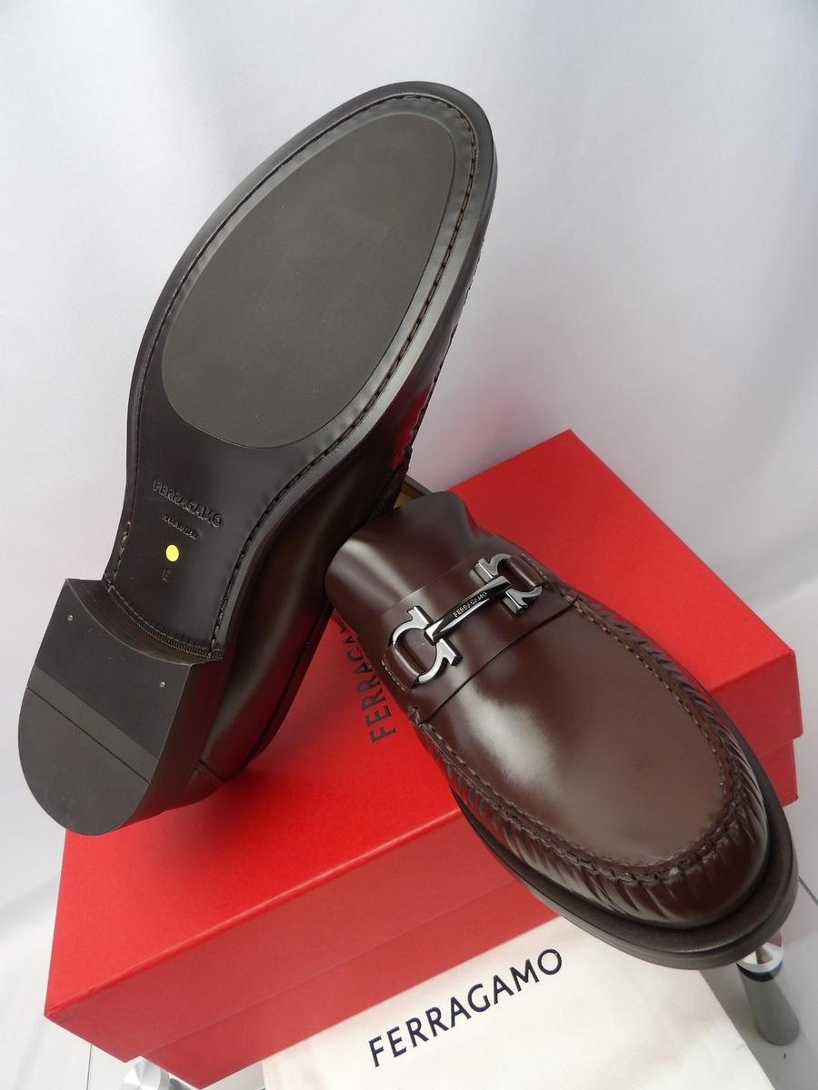 NIB FERRAGAMO BROWN LEATHER FORT GANCINI BIT LOGO LOAFERS 11  display picture 2
