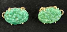 Gold Tone Marvella Faux Green Jade Carved Clip On Earrings 3/4" x 1/2" FREE SHIP