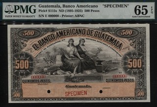 TT PK S115s GUATEMALA BANCO AMERICANO 500 PESOS ESPÉCIMEN PMG 65 EPQ GEMA SIN CIRCULAR